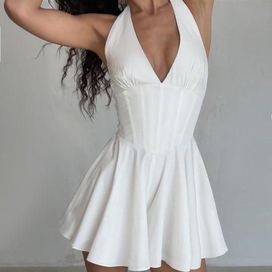 Damen Verspieltes Cocktailkleid mit tiefem V-Ausschnitt und fließendem Rock R&B