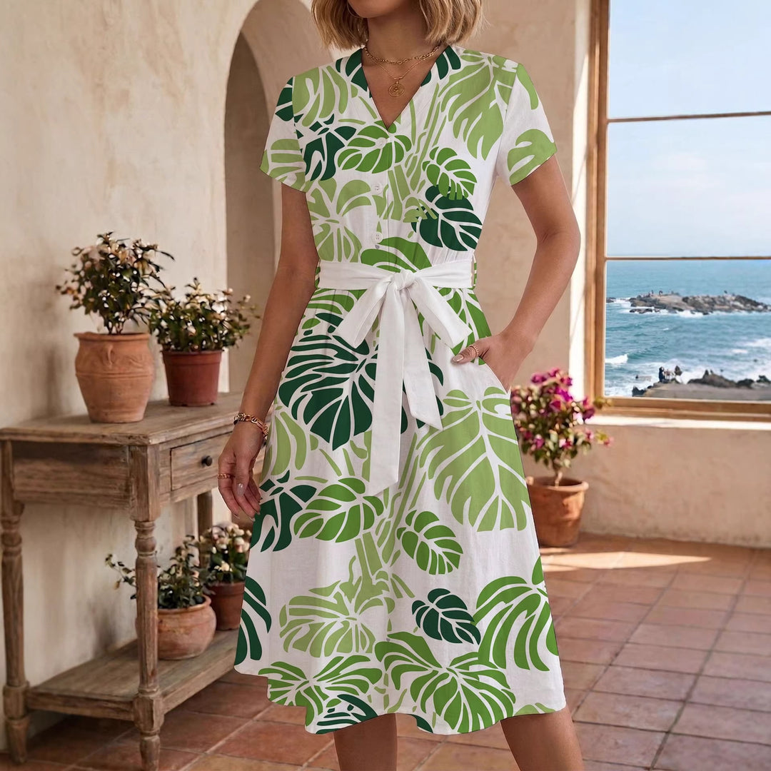 Damen lässiges Maxikleid mit taillierbarem Knoten und dekorativem Karomuster R&B