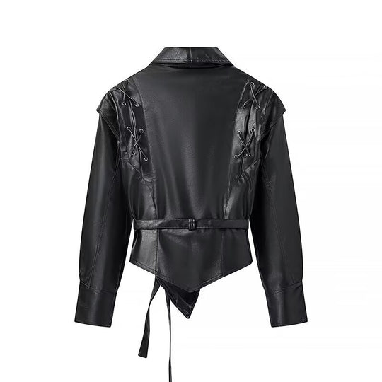Damen elegante Kunstlederjacke mit modischen Schnürdetails R&B