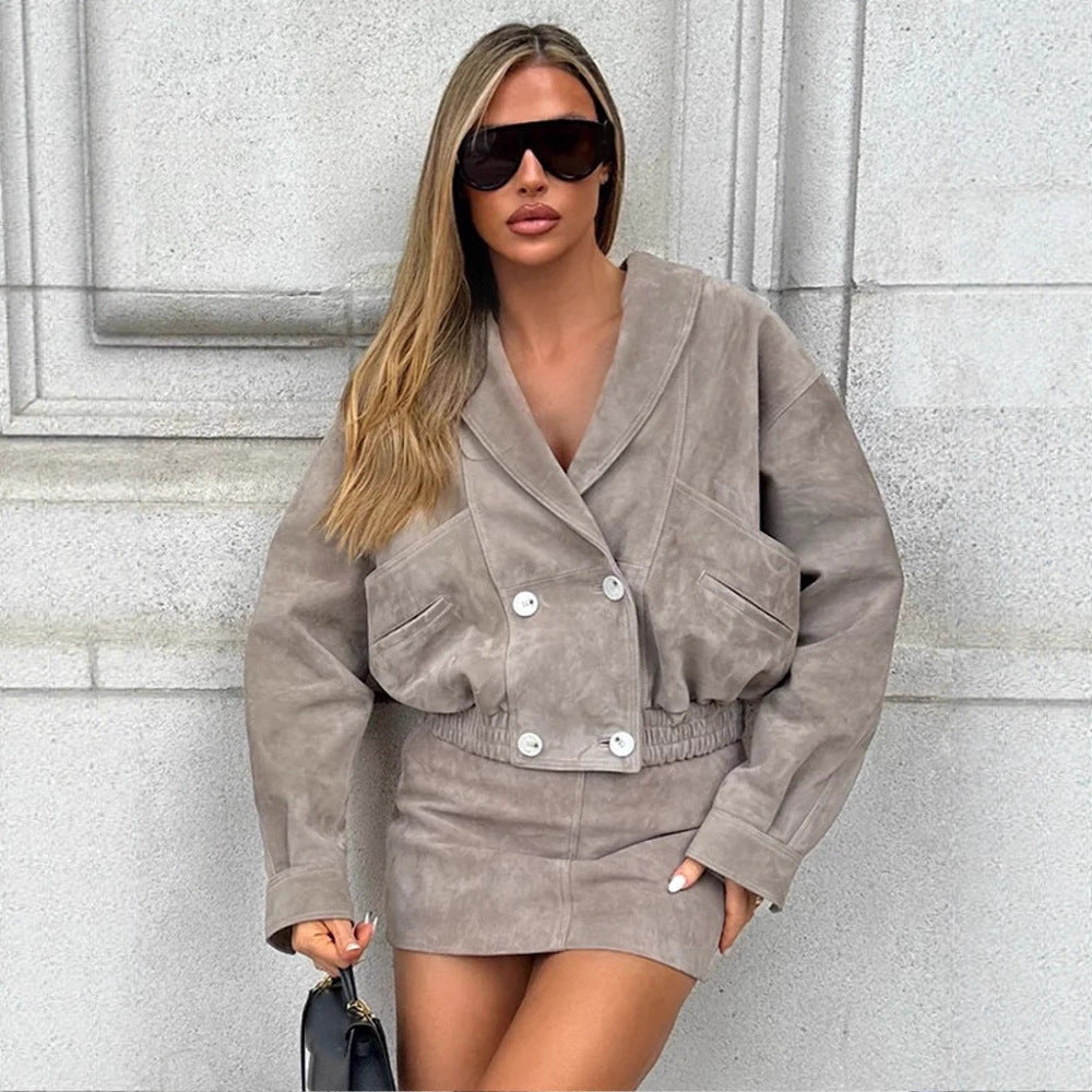 Damen elegante Kunstlederjacke mit tailliertem Schnitt R&B