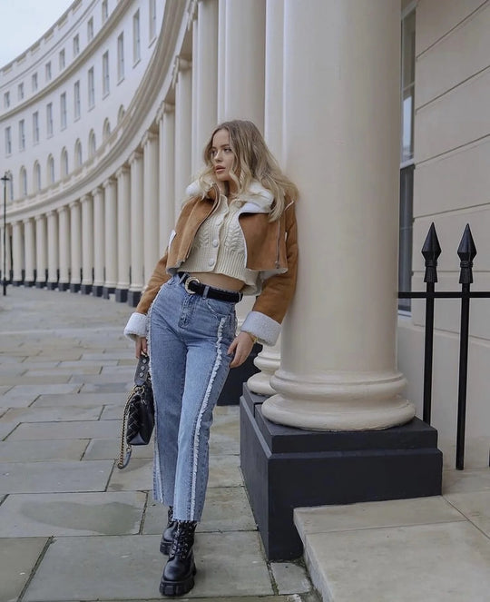 Damen cropped Kunstlederjacke mit kuscheligem Teddyfutter und praktischen Taschen R&B