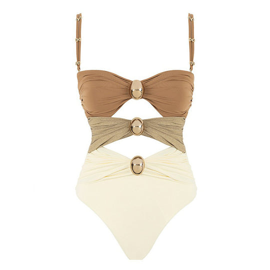 Damen Hochtaillierter Bikini mit raffiniertem Wickeldesign und goldenen Akzenten R&B