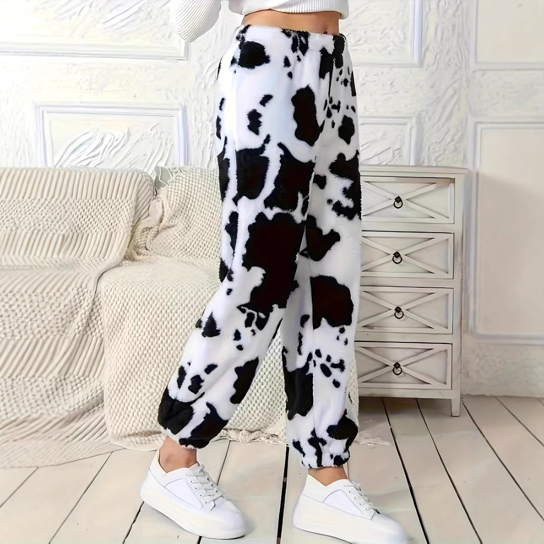 Damen Plüschhose mit modischem Kuhfleckenmuster und elastischem Bund R&B