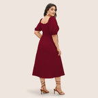 Damen elegantes Midikleid mit modischen Puffärmeln und Taillenschnürung R&B