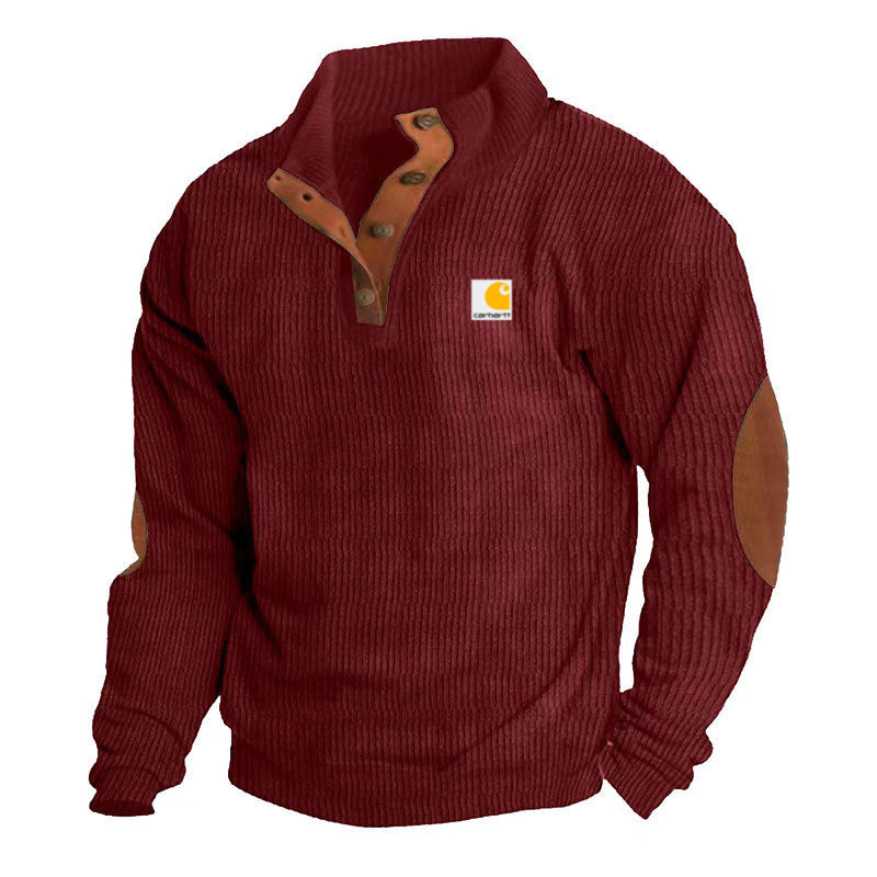 Herren nan Strickpullover im Troyer-Stil mit Stehkragen Lederbesatz Druckknopfleiste und Ellbogen-Patches R&B