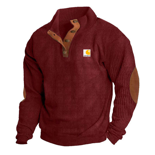 Herren nan Strickpullover im Troyer-Stil mit Stehkragen Lederbesatz Druckknopfleiste und Ellbogen-Patches R&B