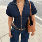 Damen Kurzarm Denim-Jacke mit teilbarem Reißverschluss und modischem Schnitt R&B