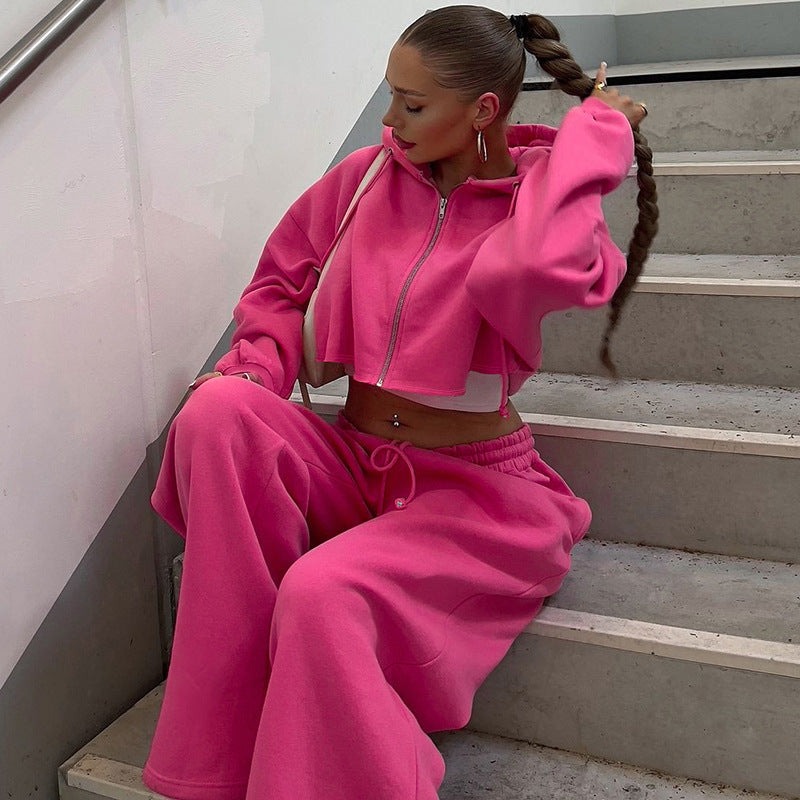 Damen Sportliches Hoodiekombination mit cropped Oberteil und weiten Hosen R&B