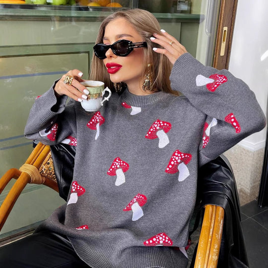 Damen Pullover mit verspielten Pilzstickereien R&B