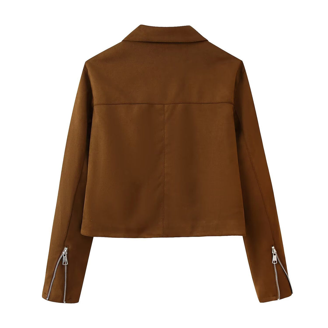 Damen Trendige Kunstlederjacke mit modernen Reißverschlüssen und klassischem Kragen R&B