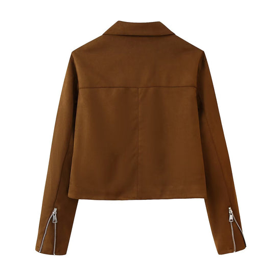 Damen Trendige Kunstlederjacke mit modernen Reißverschlüssen und klassischem Kragen R&B
