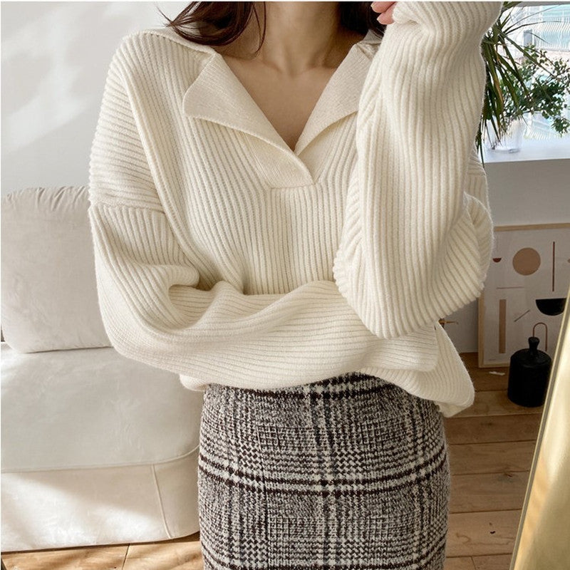 Damen lässiger Feinstrickpullover mit weichem Kragen und Rippstruktur R&B