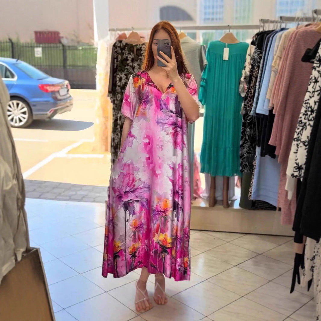 Damen nan fließendes Maxi-Kaftankleid mit V-Ausschnitt und großflächigem Aquarell-Blumenprint R&B