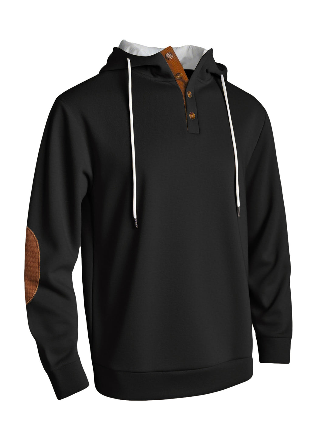 Herren nan Kapuzenpullover im puristischen Freizeitstil mit Henley-Knopfleiste, kontrastierter Kapuzeninnenseite und Ellenbogenaufnähern R&B