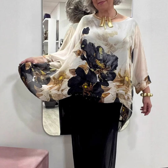 Damen nan elegante Chiffon-Tunika mit Fledermausärmeln und asymmetrischem Saum R&B