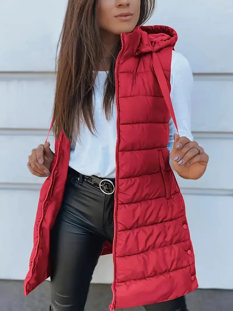 Damen Stylische gesteppte Weste mit Kapuze und langen Schnitt R&B