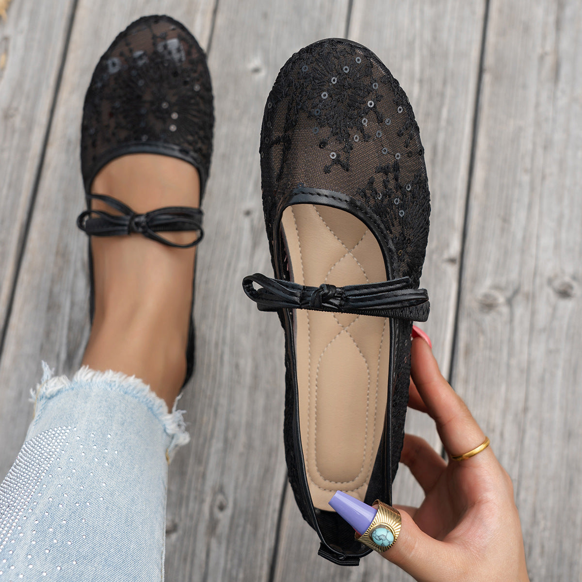 Damen Elegante Spitzenschuhe mit dekorativen Schleifen und funkelnden Akzenten R&B
