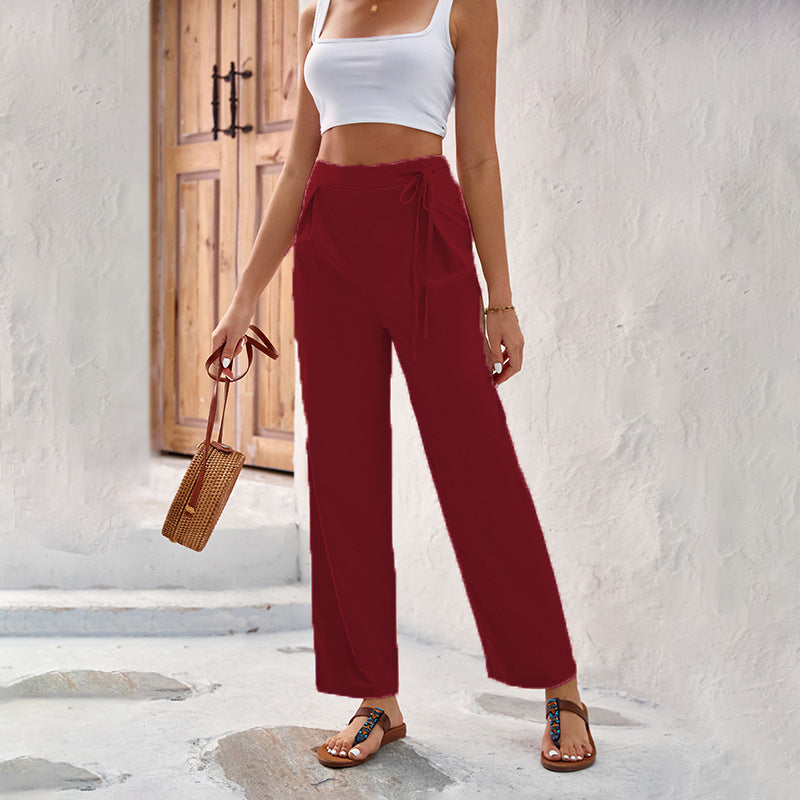 Damen Weitgeschnittene Sommerhose mit elastischem Bund und bindbarem Gürtel R&B