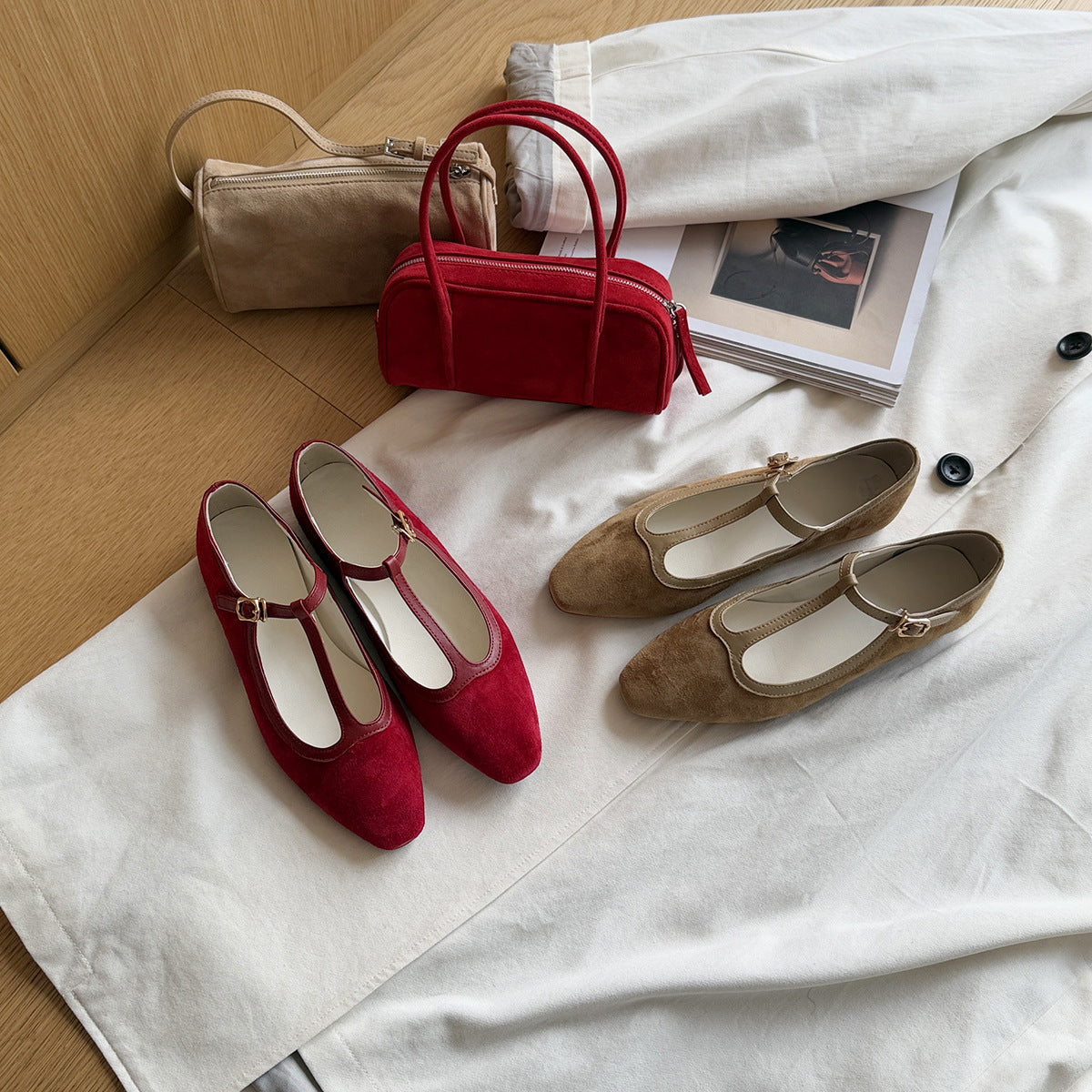 Damen Elegante Mary Jane Ballerinas aus hochwertigem Wildleder mit verstellbarem Riemchen R&B