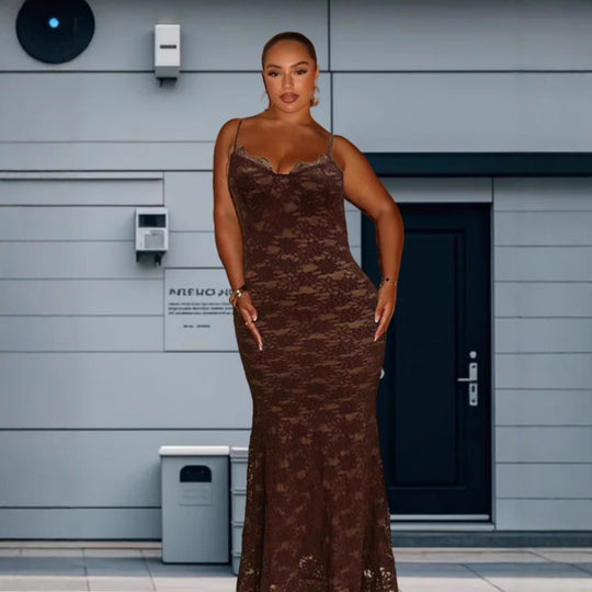 Damen Elegantes Spitzen-Maxikleid mit tiefem V-Ausschnitt R&B