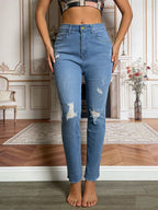 Damen Ripped Jeans mit hohem Bund und figurbetonter Passform