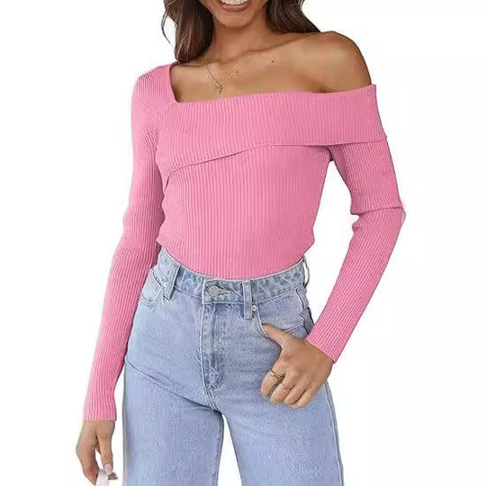 Damen Off-Shoulder Langarmpullover mit Rippstruktur R&B