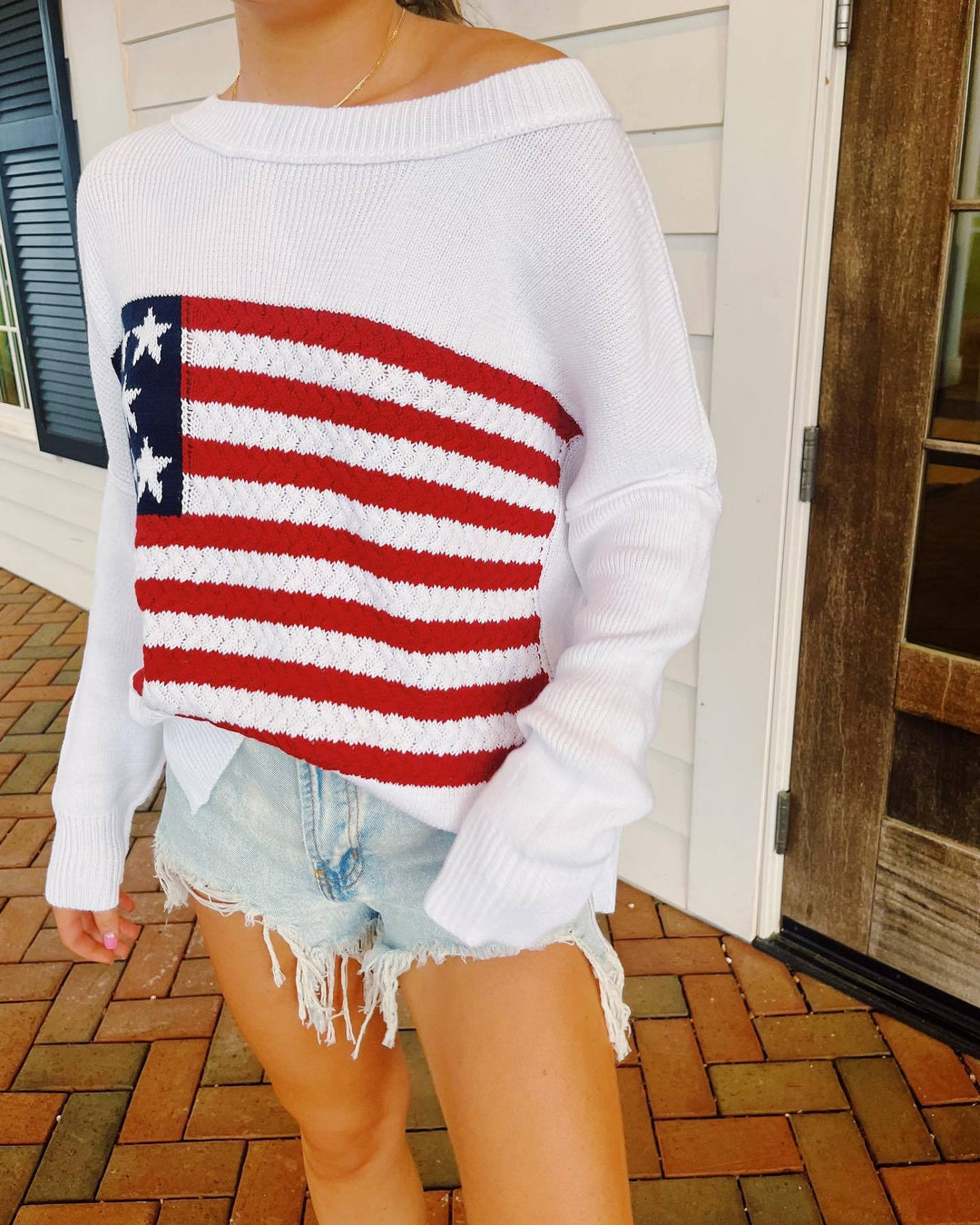 Damen Strickpullover mit auffälligem Flaggenmotiv und lässigem Schnitt R&B