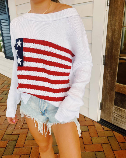 Damen Strickpullover mit auffälligem Flaggenmotiv und lässigem Schnitt R&B