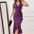 Damen Midikleid mit V-Ausschnitt und asymmetrischem Rüschensaum R&B