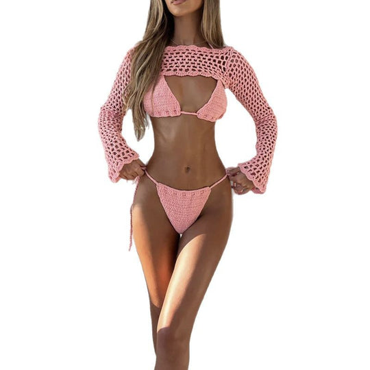 Damen elegantes gehäkeltes Bikini-Set mit durchbrochenem Oberteil und verstellbaren Trägern R&B