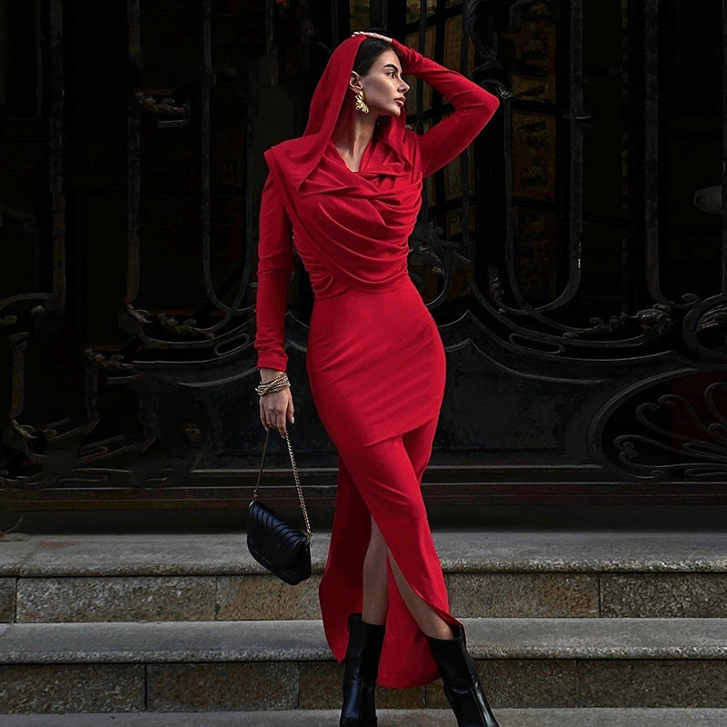 Damen elegantes Abendkleid mit Kapuze und figurbetonter Silhouette R&B