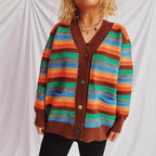 Damen Strickjacke mit buntem Streifenmuster und knöpfbarem Design R&B