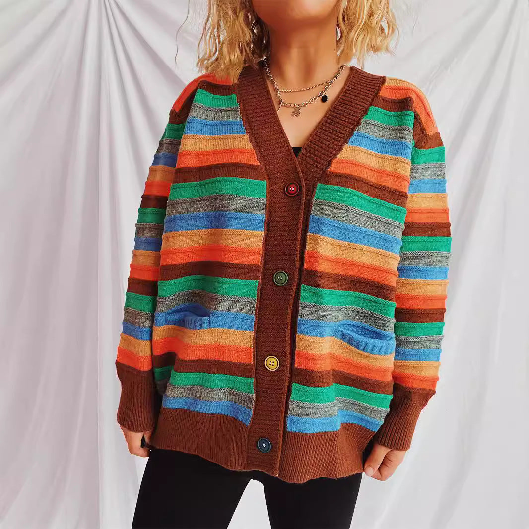 Damen Strickjacke mit buntem Streifenmuster und knöpfbarem Design R&B