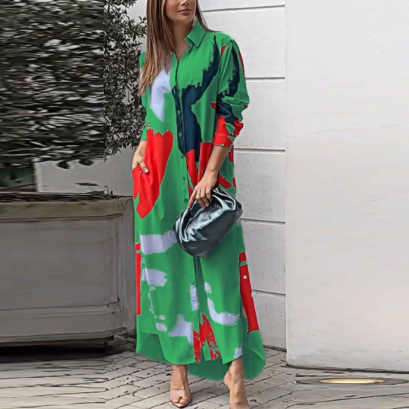 Damen lässiges Hemdblusenkleid mit buntem Grafikdruck und praktischen Taschen R&B