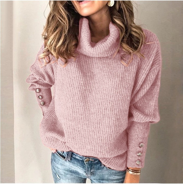 Damen Grobstrickpullover mit hohem Kragen und dekorativen Knopfdetails R&B