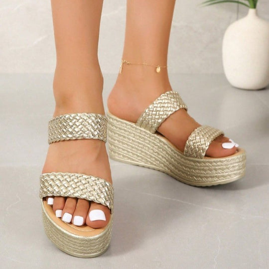 Damen Riemchen-Plateausandalen mit geflochtenem Design und eleganter Süßwasserperlen-Applikation R&B