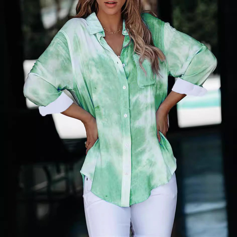 Damen Langarmhemd im kreativen Batikdesign mit Knopfleiste R&B