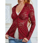 Damen Transparente Spitzenbluse mit knöpfbarem Ausschnitt und langem Arm R&B
