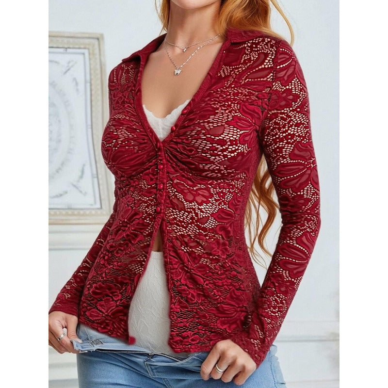 Damen Transparente Spitzenbluse mit knöpfbarem Ausschnitt und langem Arm R&B