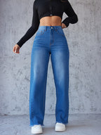 Damen Hochtaillierte Mom-Jeans mit lässigem Schnitt und fransigem Saum R&B