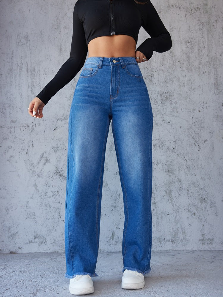 Damen Hochtaillierte Mom-Jeans mit lässigem Schnitt und fransigem Saum R&B