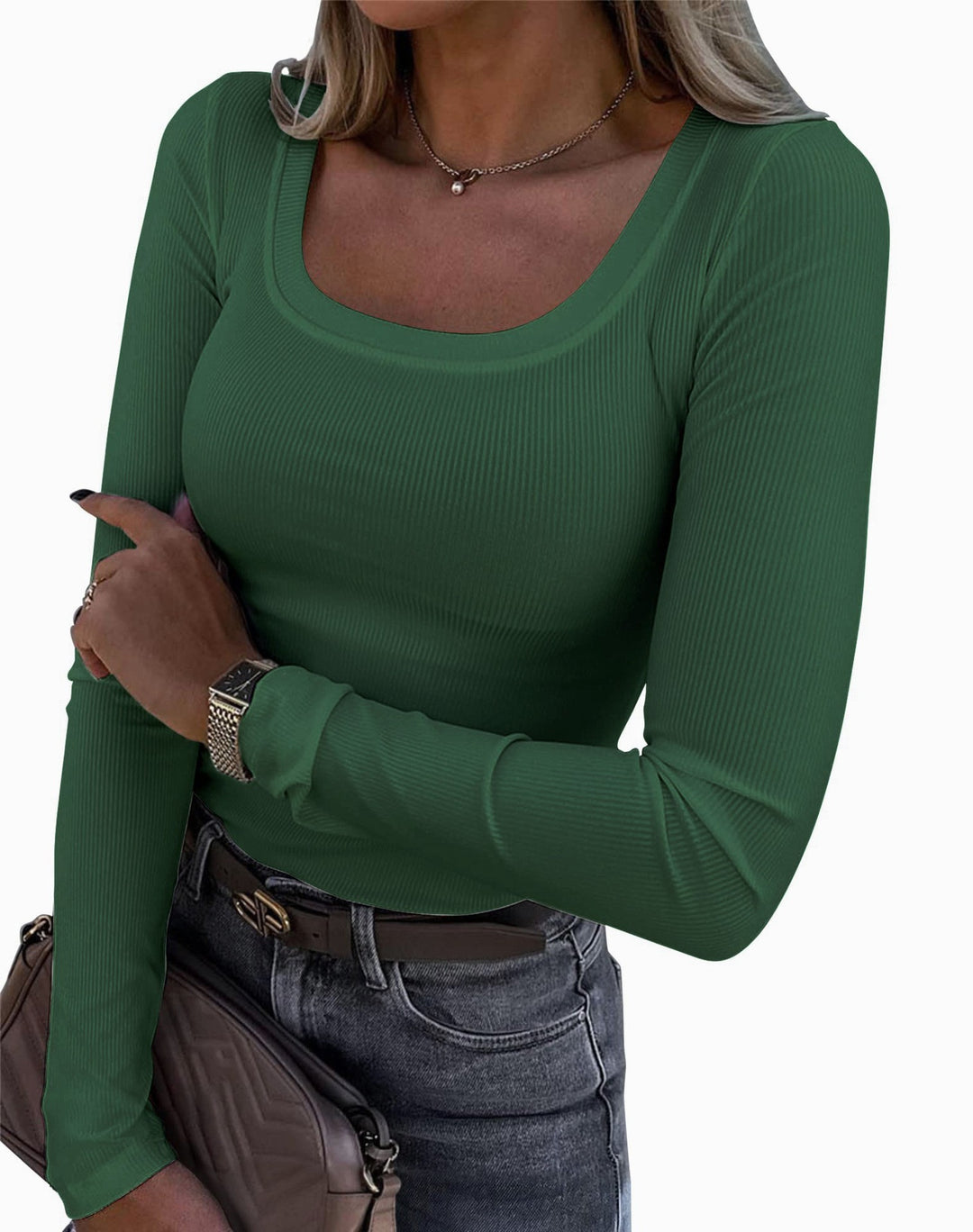 Damen Langarm Ripp-T-Shirt mit elegantem U-Boot-Ausschnitt R&B