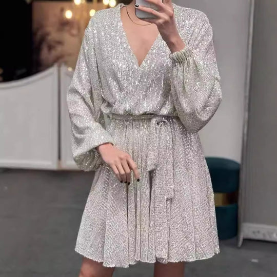Damen funkelndes Cocktailkleid mit V-Ausschnitt und Taillengürtel R&B
