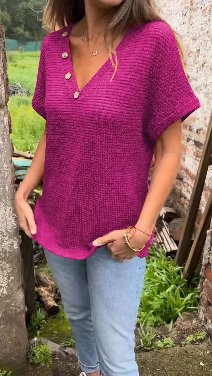 Damen lässiger V-Ausschnitt Pullover mit Knöpfen R&B