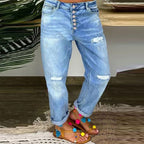 Damen Boyfriend Jeans mit Knopfleiste und distressed Effekten R&B