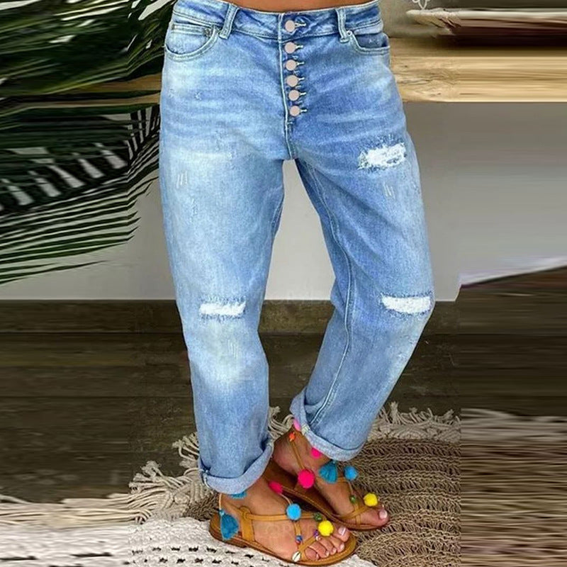 Damen Boyfriend Jeans mit Knopfleiste und distressed Effekten R&B