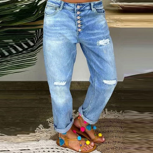Damen Boyfriend Jeans mit Knopfleiste und distressed Effekten R&B