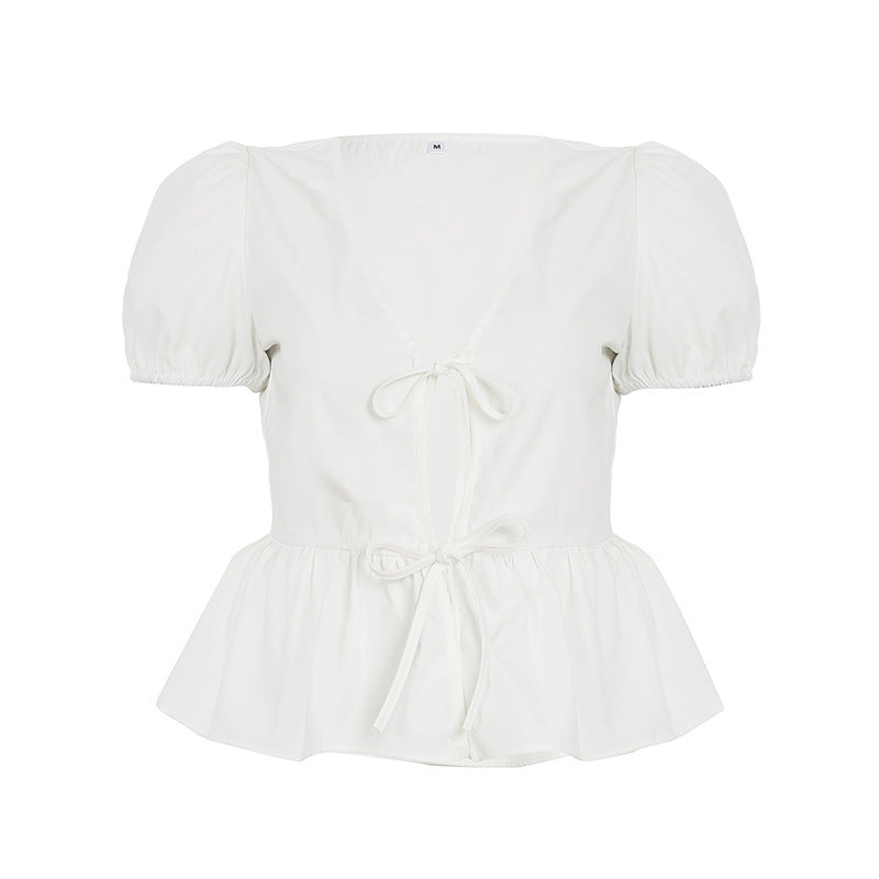 Damen Wickeloberteil mit Puffärmeln und femininem Peplum-Saum R&B