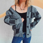 Damen lässige Strickjacke mit modernem Karomuster und hochwertigen Knopfdetails R&B