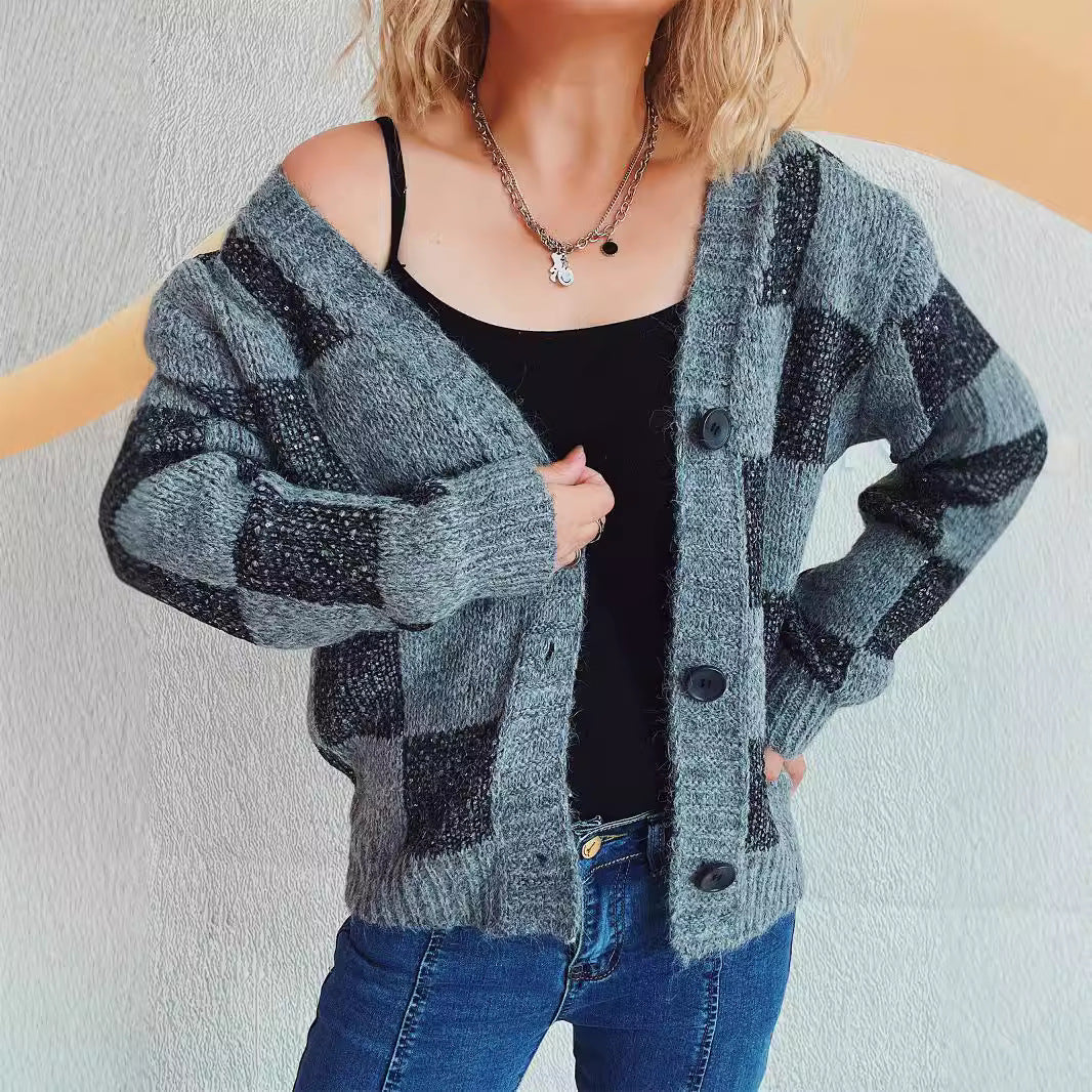 Damen lässige Strickjacke mit modernem Karomuster und hochwertigen Knopfdetails R&B